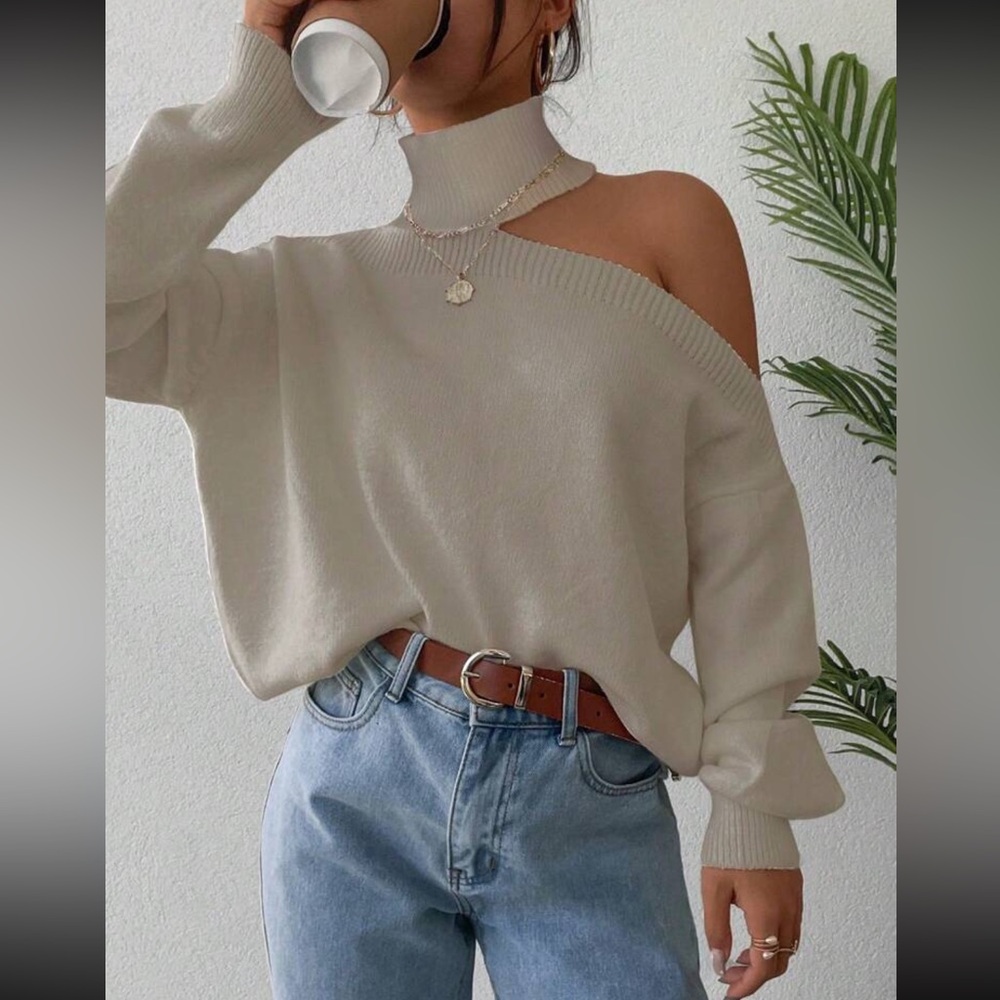 Luxe beige cold shoulder asymmetrical neck sweater top
